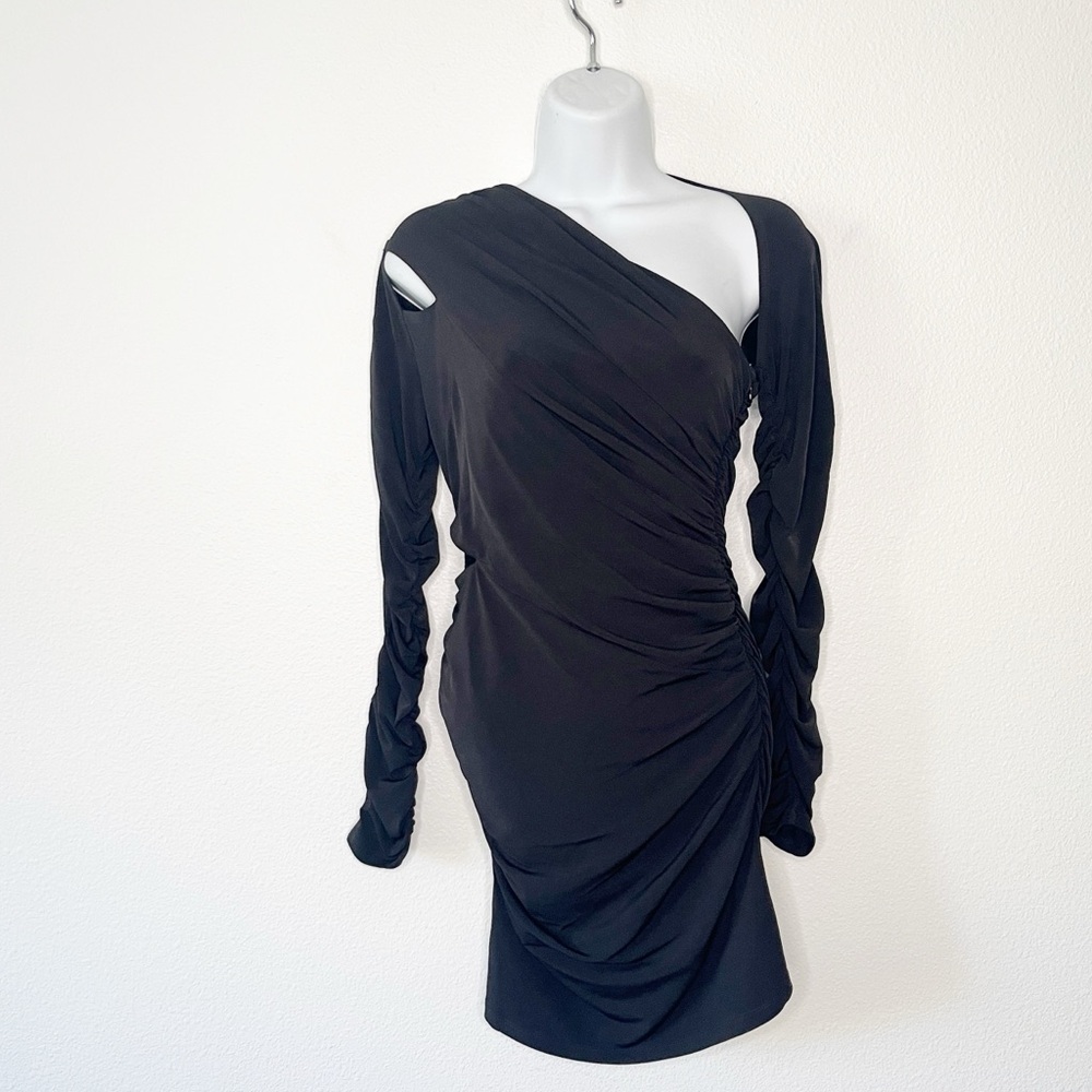 Hervé Léger Ruched Jersey Asymmetric Mini Dress Jersey Long Sleeve Small NEW - Picture 2 of 8